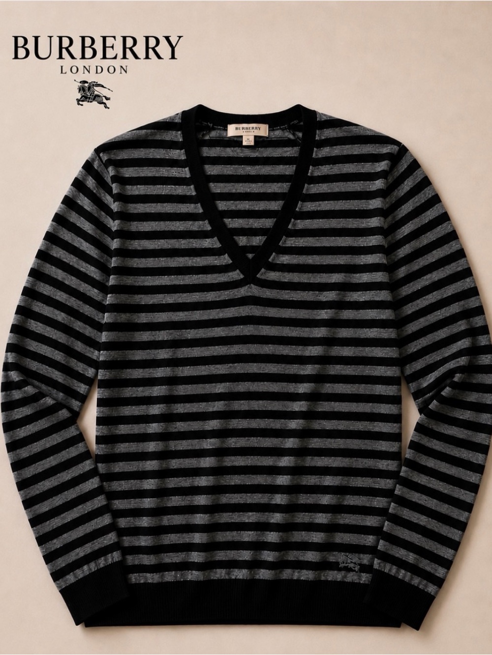 Burberry Men’s London Silk Cashmere Striped V-Neck Sweater XL Gray Black